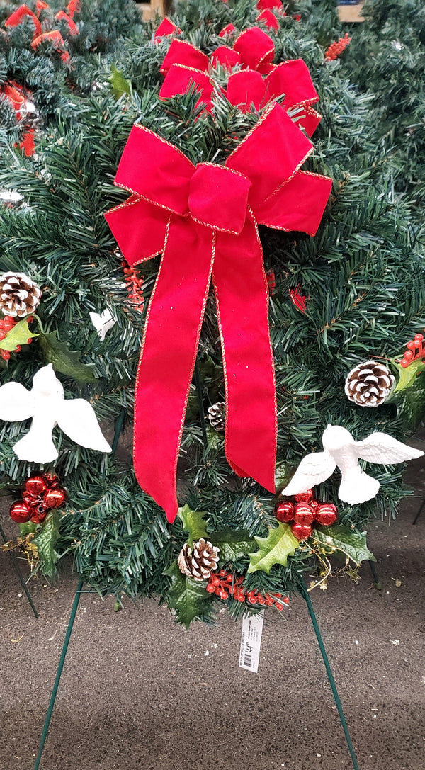 Cemetery Artificial 20" Pine Wreath, 2 Doves on Stand