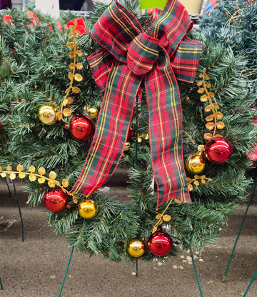 Cemetery Artificial Wreath 16" Plaid Bow, Pinecones on Stand