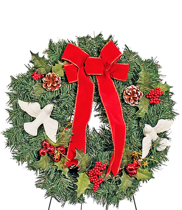 Cemetery Artificial 20" Pine Wreath, 2 Doves on Stand