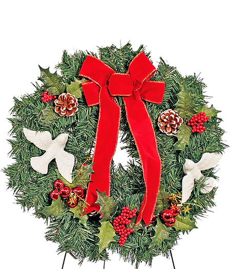 Cemetery Artificial 20" Pine Wreath, 2 Doves on Stand