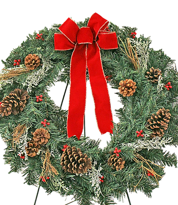 Cemetery Artificial 24" Wreath Pinecone, Berry, Foliage on Stand