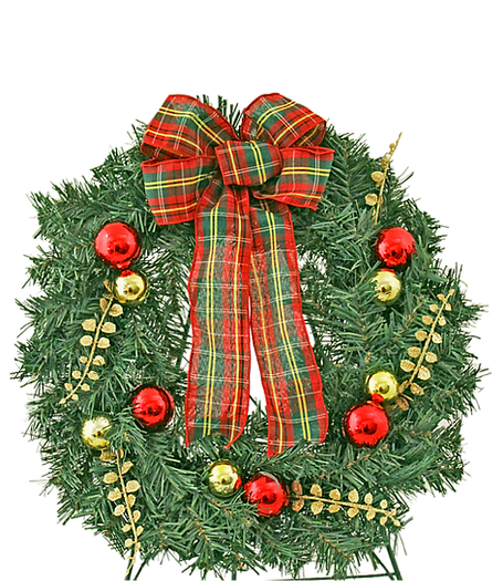 Cemetery Artificial 20" Wreath Plaid Bow on Stand