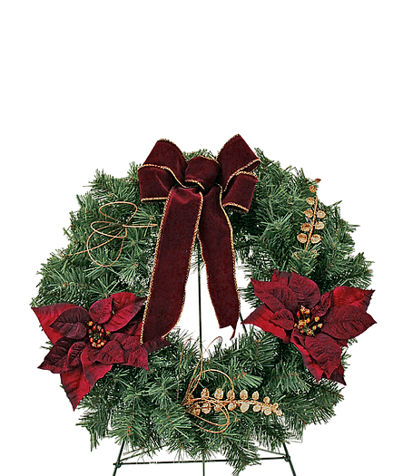 Cemetery Artificial 18" Wreath with Poinsettias on Stand