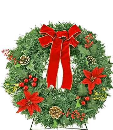 Cemetery Artificial 20" Wreath Poinsettia/Pinecone & Stand
