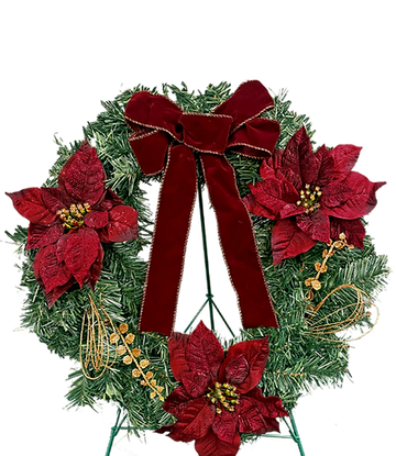 Cemetery Artificial 20" Wreath with Poinsettias on Stand