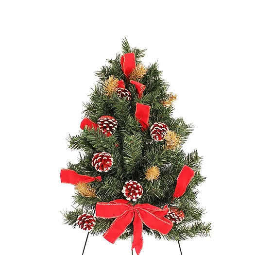 Cemetery Artificial Holiday Tree 24" Red Ribbons on Stand