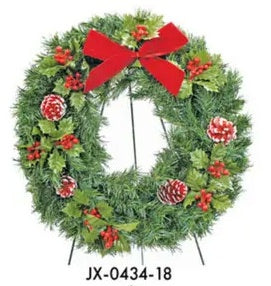 Cemetery Artificial Wreath 18" Pinecones, Holly, Berries on stand