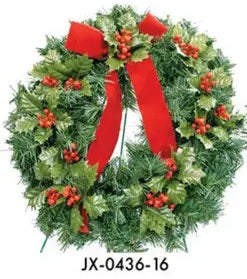 Cemetery Artificial Wreath 16" Pinecones, Holly, Berries on stand
