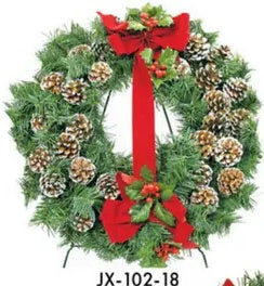 Cemetery Artificial Wreath 18" Double Bow, Pinecones on Stand
