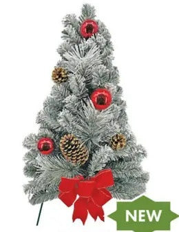 Cemetery Artificial Tree 24" Snow, Red Ornaments on Stand