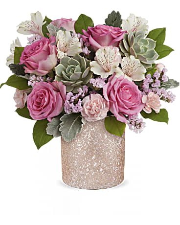 teleflora pink rose succulent garden Teleflora Shimmering Oasis Bouquet