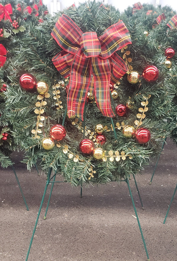 Cemetery Artificial 20" Wreath Plaid Bow on Stand