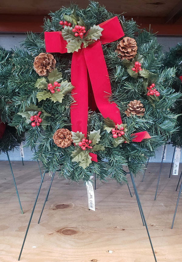 Cemetery Artificial Wreath Holly & Cones on Stand
