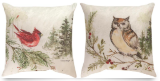 Snowy Forest Owl/Cardinal Pillow 18x18in