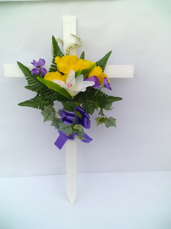 Cemetery Wood Floral Cross Purple Bow